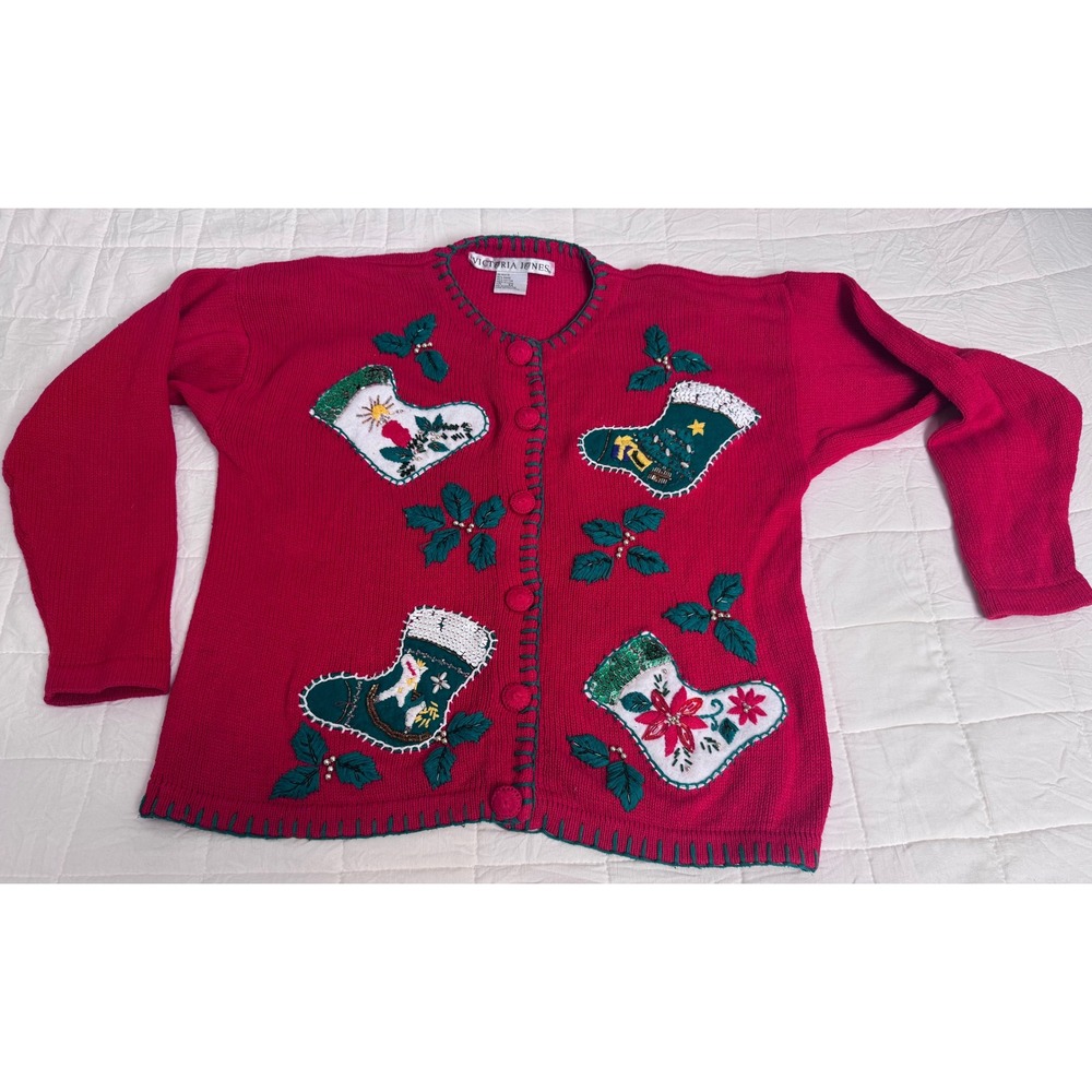 Victoria Jones Ugly Christmas Sweater‎ Cardigan Stocking Holiday Knit Medium
